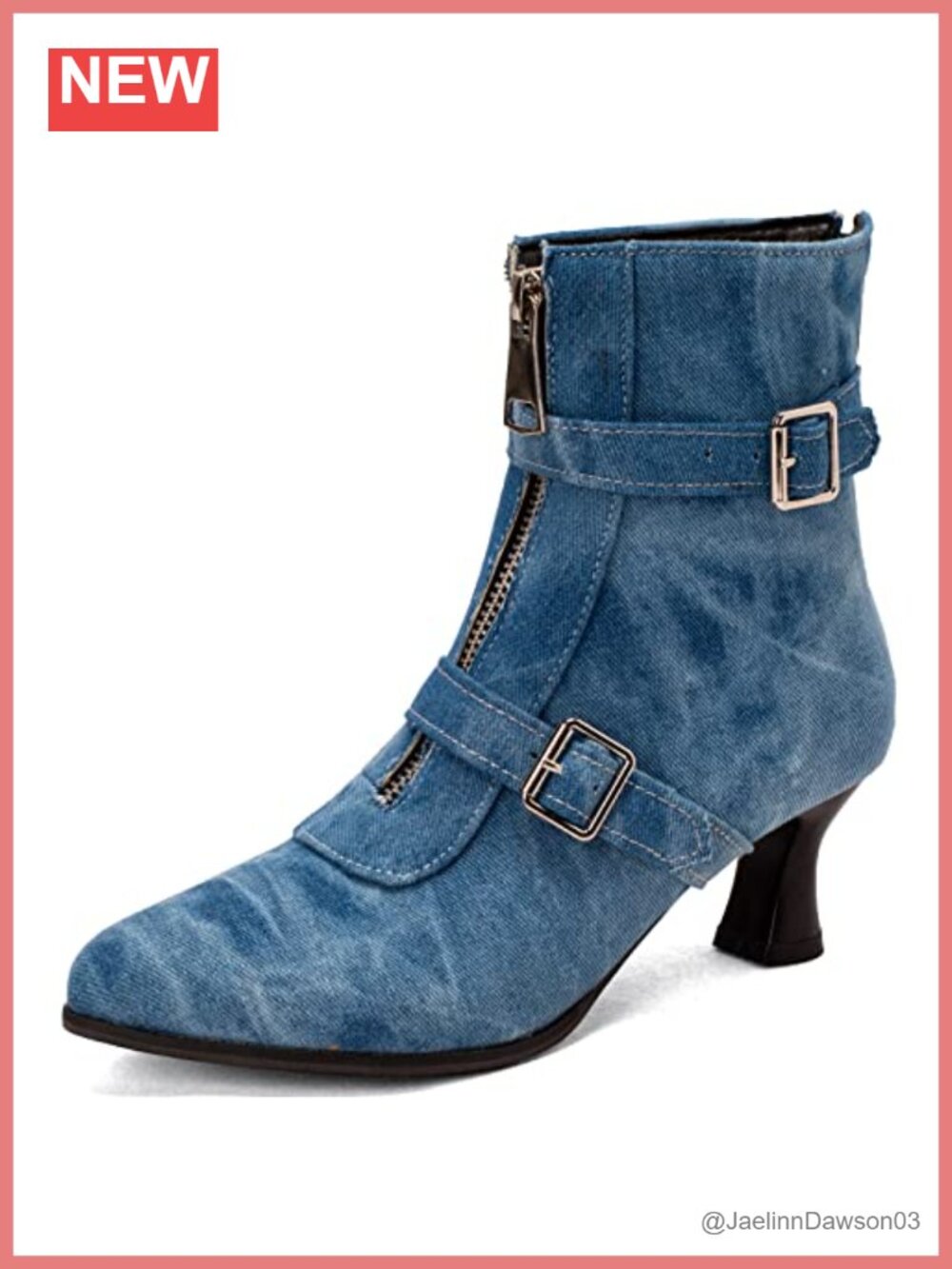Women's Pointed Toe Ankle Booties Kitten Heel Buckle Strap Denim Short Boots